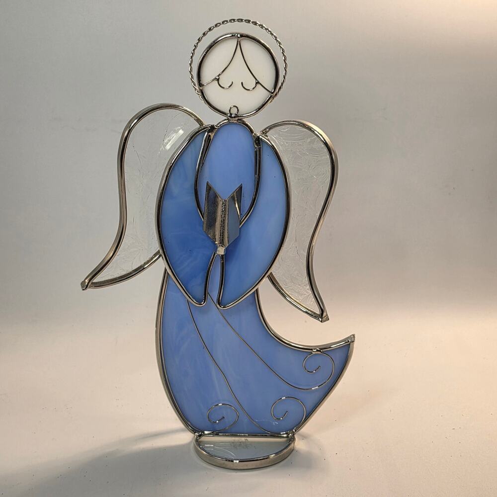 Blue Stained Glass Choir Angel Standing Figurine 10" Suncatcher Decor Vintage